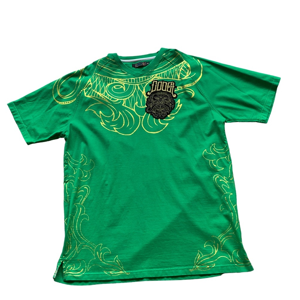 Vintage Coogi t-shirt men's XXL green gold graphic Y2K short sleeve imperfect